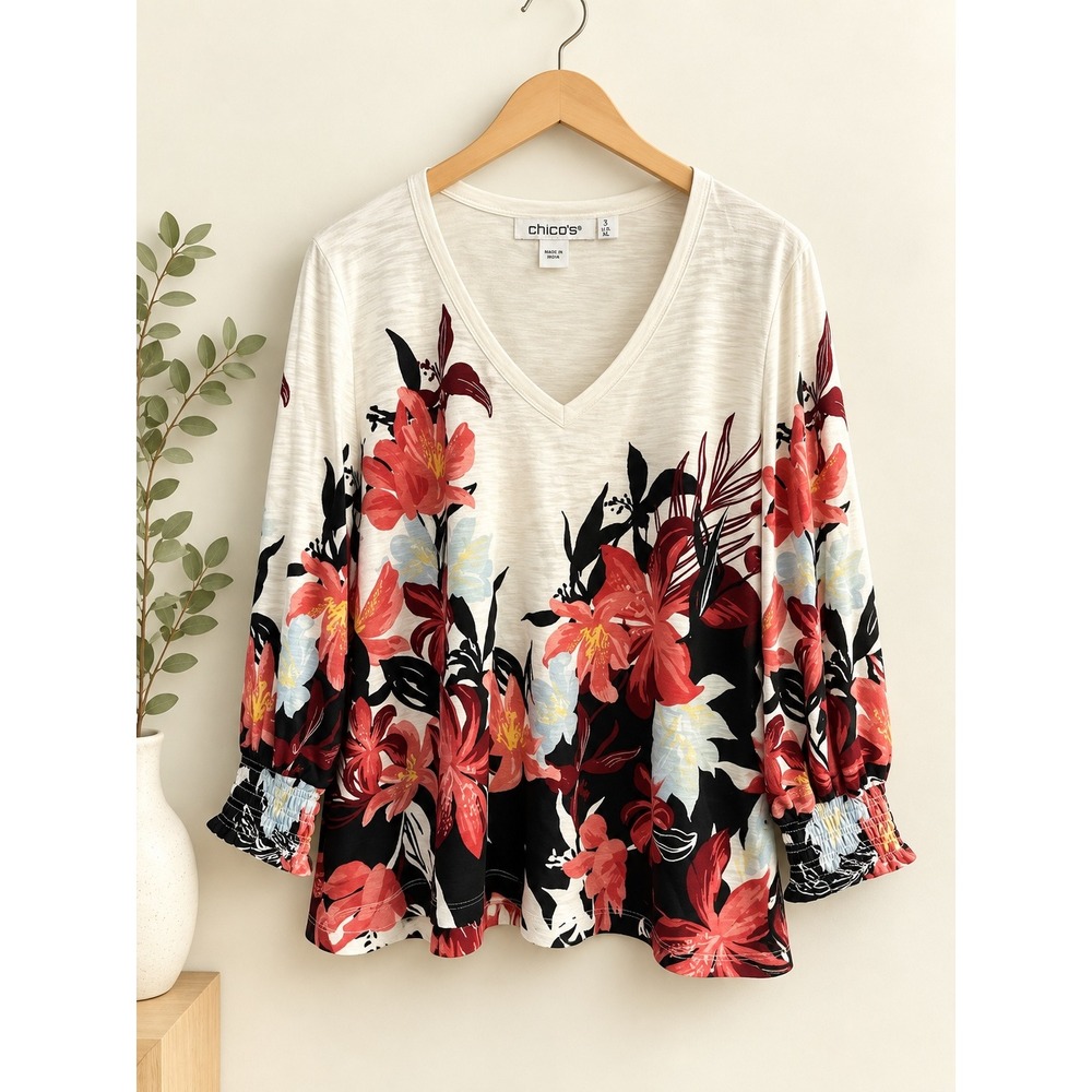 Chico's Floral Slub Knit V-Neck Top Size 3 XL Ivory pink Black Smocked Cuffs